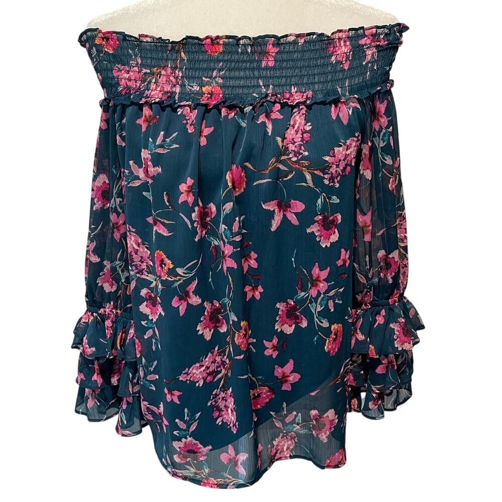 CeCe Off The Shoulder Blouse Top Sz M Ruffle Long Sleeves Floral Teal Romantic